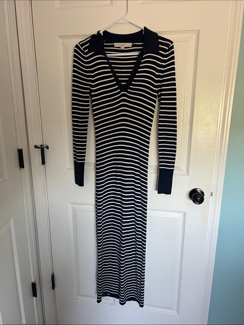 LOFT Navy & White Striped Long Sleeve Polo Sweater Maxi